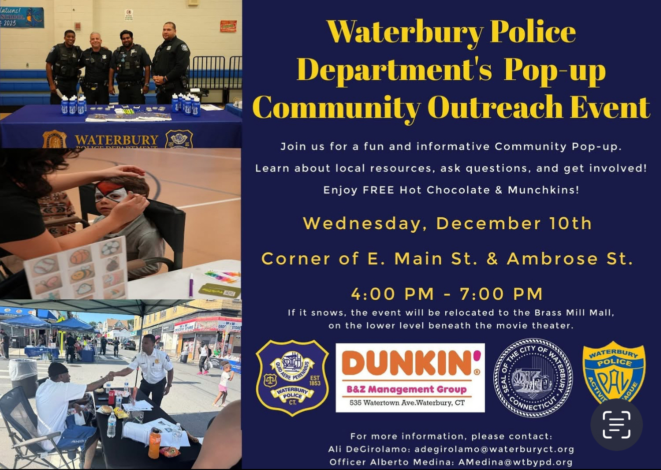 Waterbury Community Pop-Up Alert: Waterbury Police Hosting Outreach Event on Dec. 10