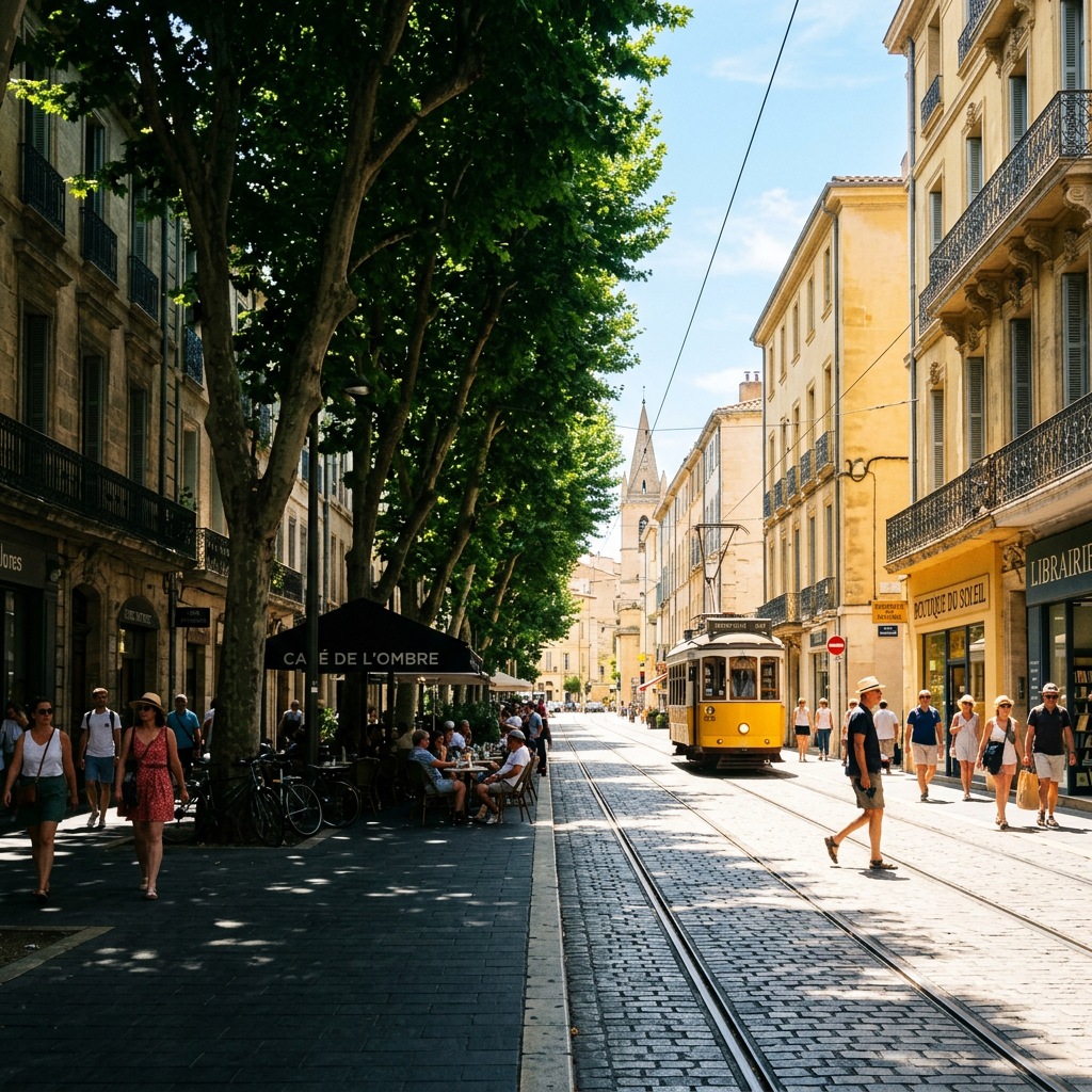 Yellow vintage tram on cobblestone street with pedestrians and outdoor café
