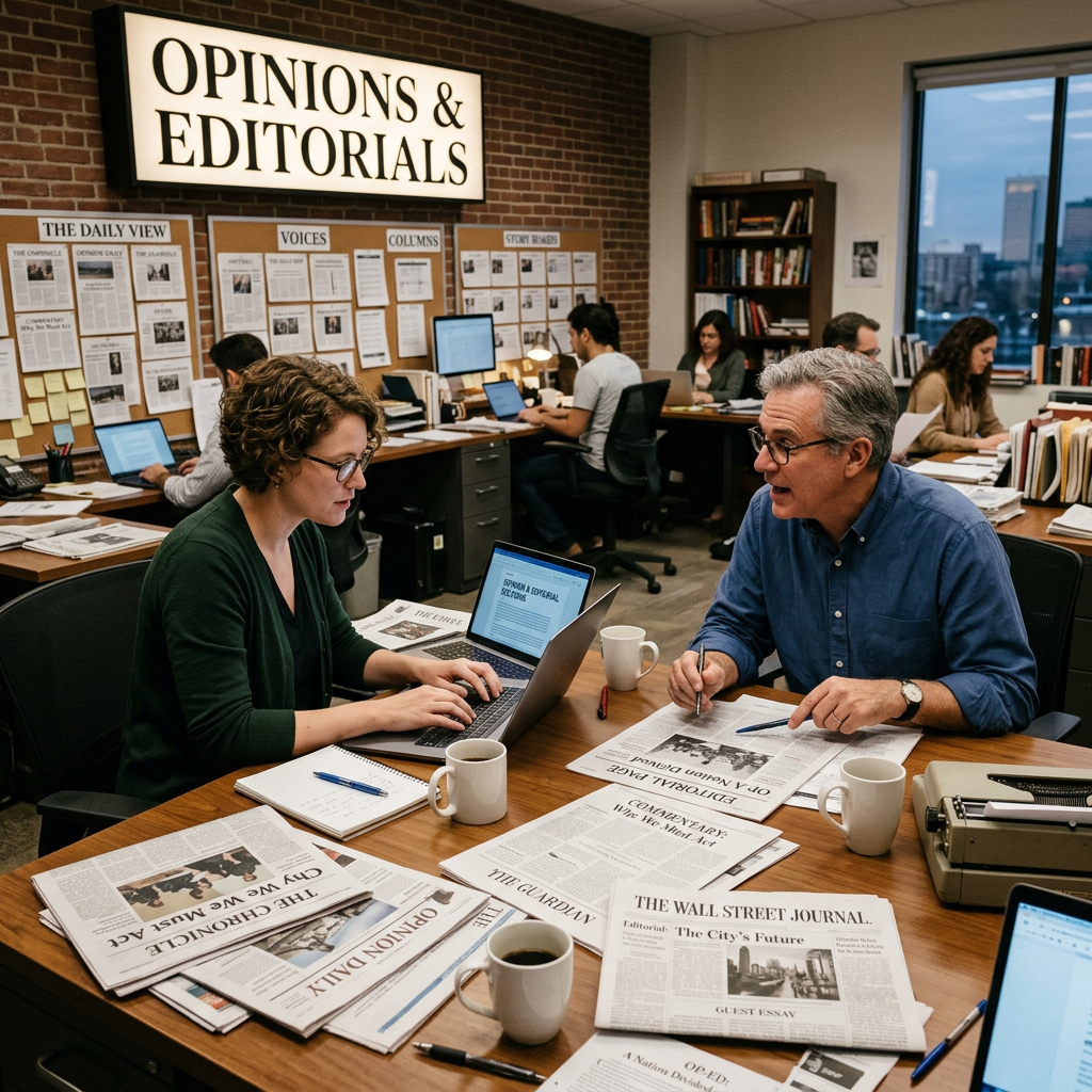 Two editorial staff members discussing newspaper articles at a desk with laptops and printed papers